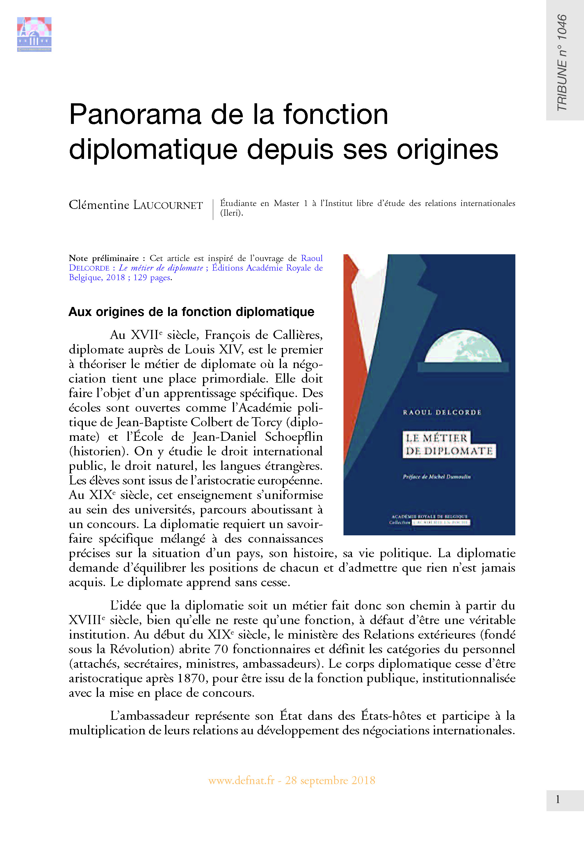 Panorama de la fonction diplomatique depuis ses origines (T 1046)
